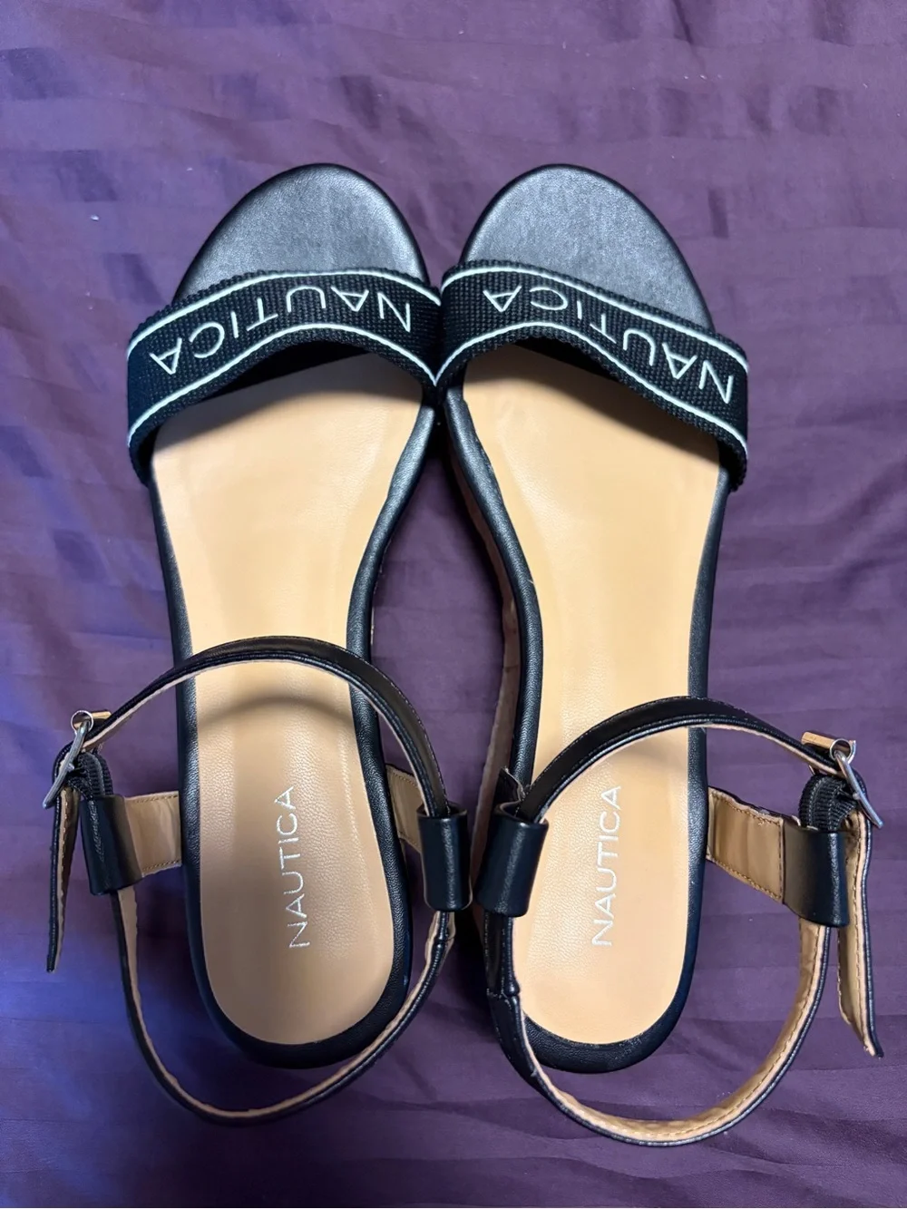 Nautica Soraya Black Cork Platform Wedge Sandals Logo Strap Women’s Size 9